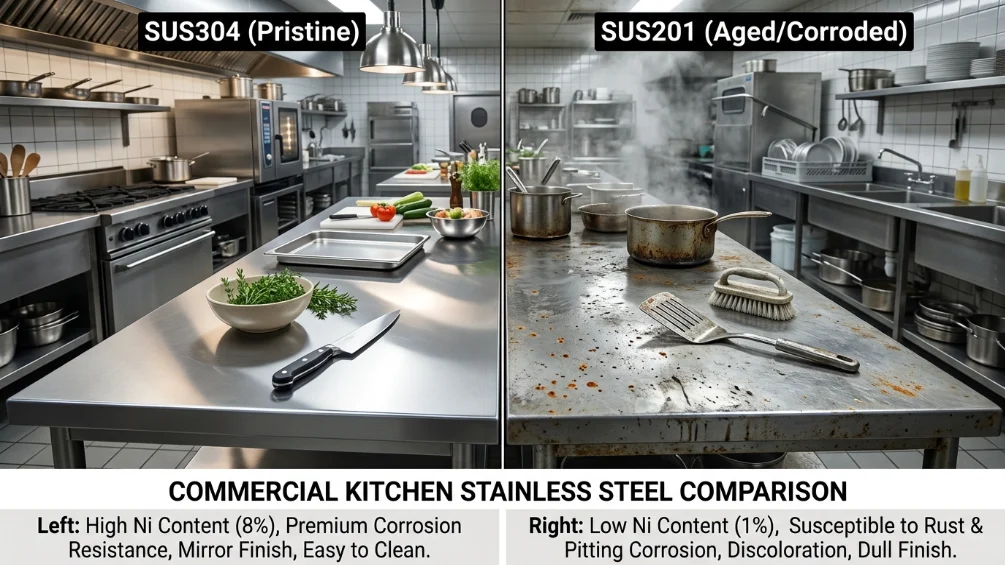 Inox 304 vs Inox 201: Giải mã vật liệu bếp nhà hàng dưới góc độ kỹ thuật luyện kim và tài chính dài hạn