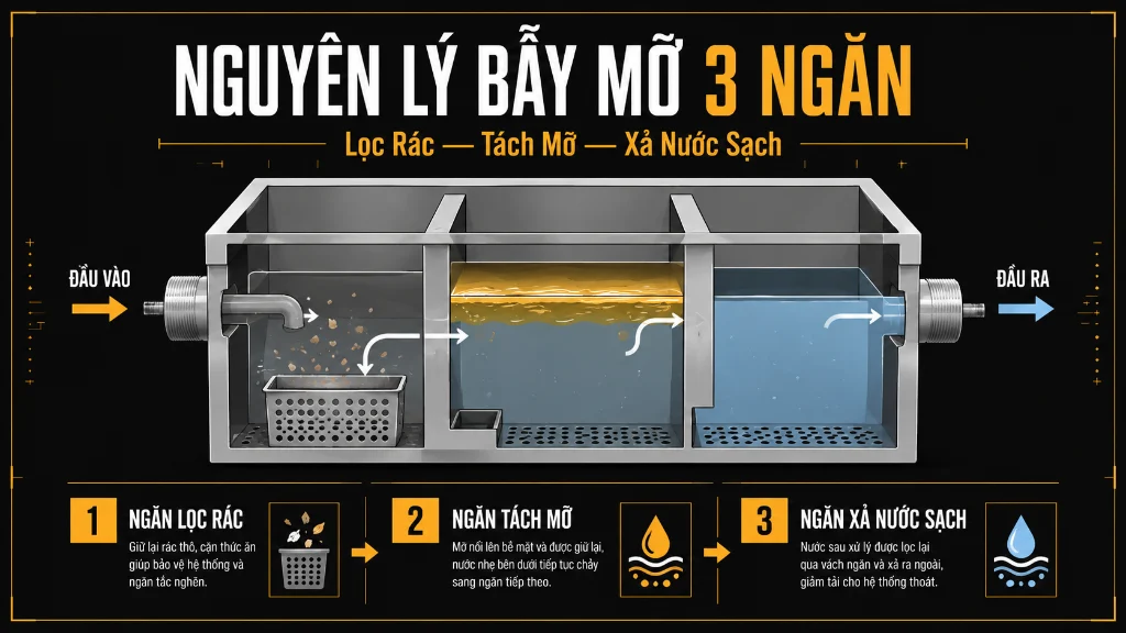 Tầm quan trọng của hệ thống bẫy mỡ và thoát sàn trong bếp nhà hàng chuyên nghiệp