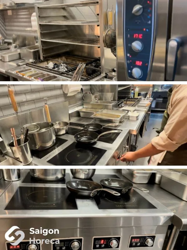 Lò hấp nướng đa năng Rational Combi và line bếp hồng ngoại phẳng inox tại Little Bear