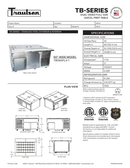 Glycol Solution Refrigeration Table Traulsen TB060FL4-1