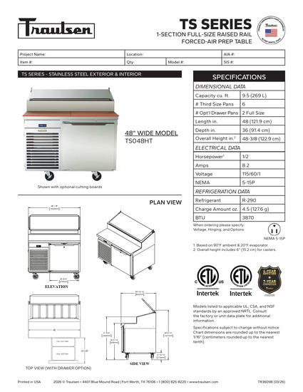 Traulsen Pizza Preparation Table TS048HT