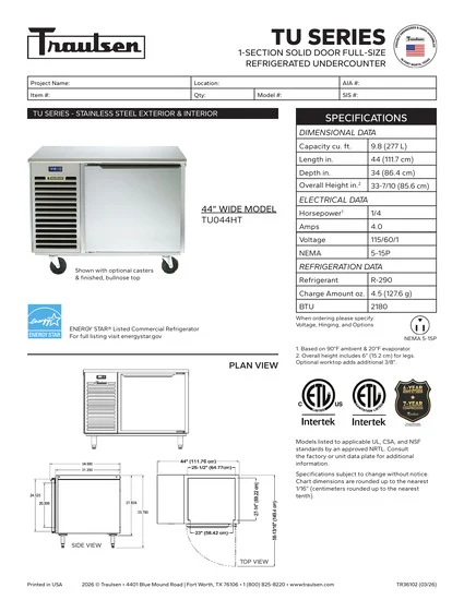 トラウルセン 大型ビルトイン冷蔵庫 TU044HT