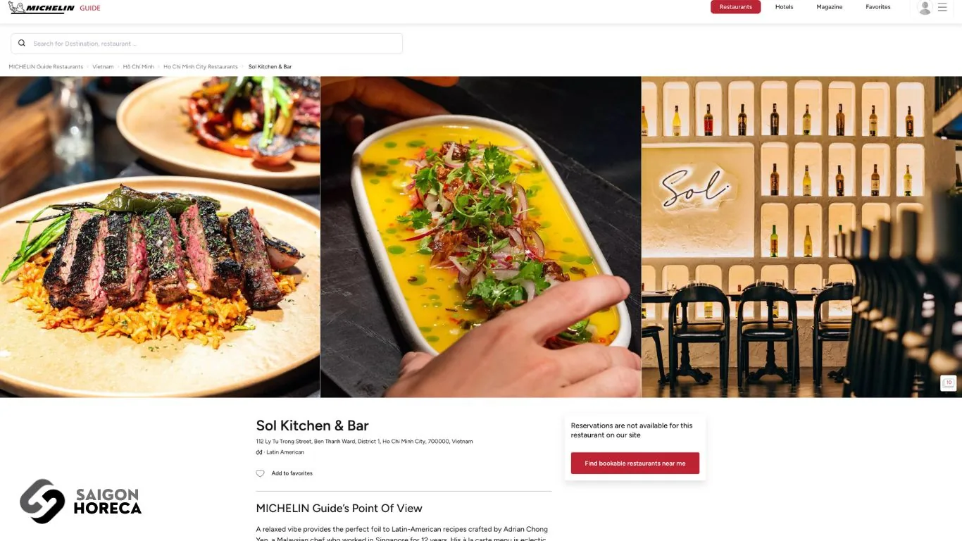 Trang Michelin Guide Việt Nam giới thiệu nhà hàng Sol Kitchen & Bar với các món ăn Latin: thăn bò nướng trên cơm nghệ, gỏi cá ceviche sốt vàng và góc quầy bar khắc chữ Sol