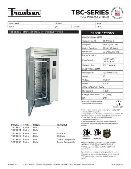 Tủ Cấp Đông Nhanh Traulsen TBC1H