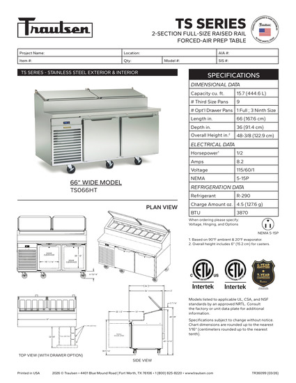 Bàn Sơ Chế Pizza Traulsen TS066HT