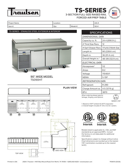 Bàn Sơ Chế Pizza Traulsen TS090HT