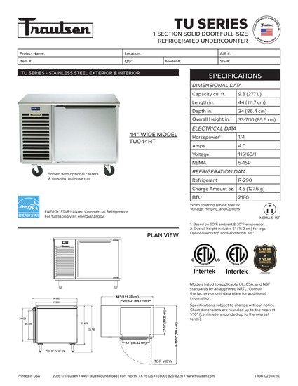 Tủ Lạnh Âm Bàn Cỡ Lớn Traulsen TU044HT