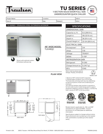 Tủ Làm Lạnh Nhanh Traulsen TU048QC