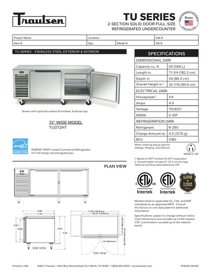 Tủ Lạnh Âm Bàn Cỡ Lớn Traulsen TU072HT