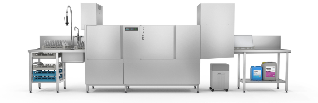 Máy rửa chén băng tải đẩy rổ nhỏ gọn Winterhalter CTR M
