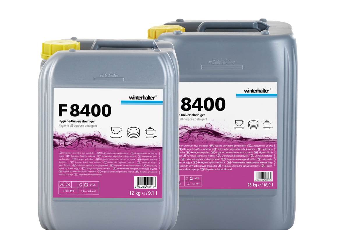Nước rửa chén công nghiệp đa năng gốc Clo Winterhalter F8400 (Can 12kg)